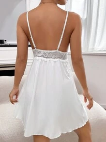 SHEIN Váy ngủ ren tương phản Cami Pyjama - trắng - Xem 2