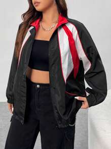 SHEIN EZwear Plus Colorblock Contrast Piping Zip Up Windbreaker Jacket - Multicolor - View 1