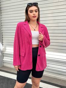 Flirla 大碼西裝領翻蓋細節燈芯絨西裝外套 - 玫紅色 - 查看 5