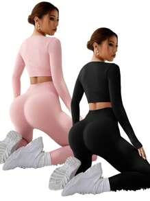 Easithlete 2pcs Seamless & Stretch Thumb Holes Sports Set Outfit Set Workout Women Set - Multicolor - View 2