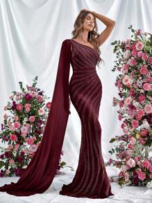 One Shoulder Extra-Long Sleeve Mermaid Hem Party Dress - Burgundy - View 6