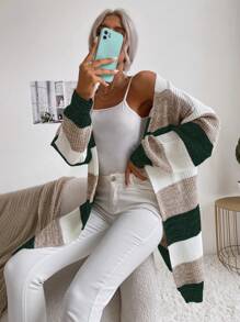 SHEIN Essnce Cárdigan largo de color combinado con parte delantera abierta de manga murciélago - Verde - Ver 1