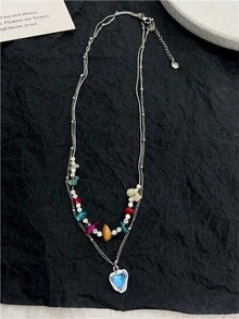 ROMWE Fairycore 1入組時尚鋅合金愛心掛飾多層次項鍊適合女士適用於約會禮物 - 彩色 - 查看 3