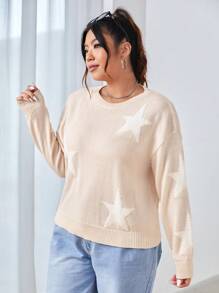 SHEIN EZwear 大碼星星圖案落肩袖套頭毛衣 - 杏色 - 查看 5