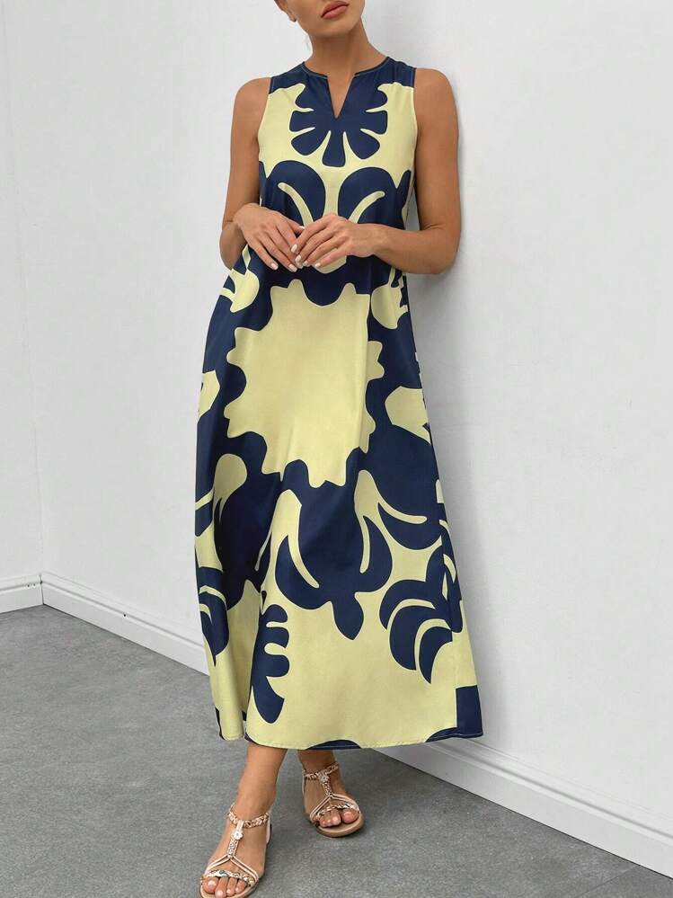 EMERY ROSE Vestido maxi con estampado gráfico, cuello con muesca y bolsillo oculto para mujer - Multicolor - Ver 3