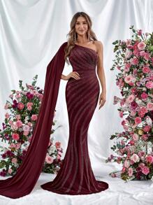 One Shoulder Extra-Long Sleeve Mermaid Hem Party Dress - Burgundy - View 1