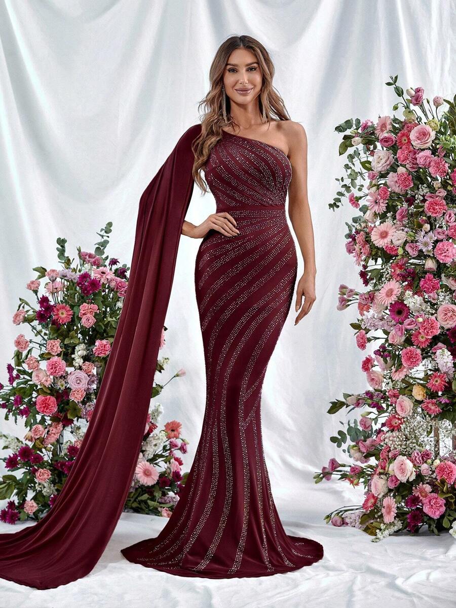 One Shoulder Extra-Long Sleeve Mermaid Hem Party Dress - Burgundy - View 1