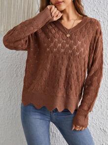 SHEIN VCAY Pointelle Knit Drop Shoulder Sweater - Redwood - View 1