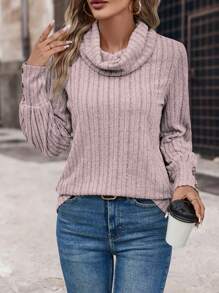 SHEIN LUNE 堆堆領條紋針織T恤 - 藕粉色 - 查看 1