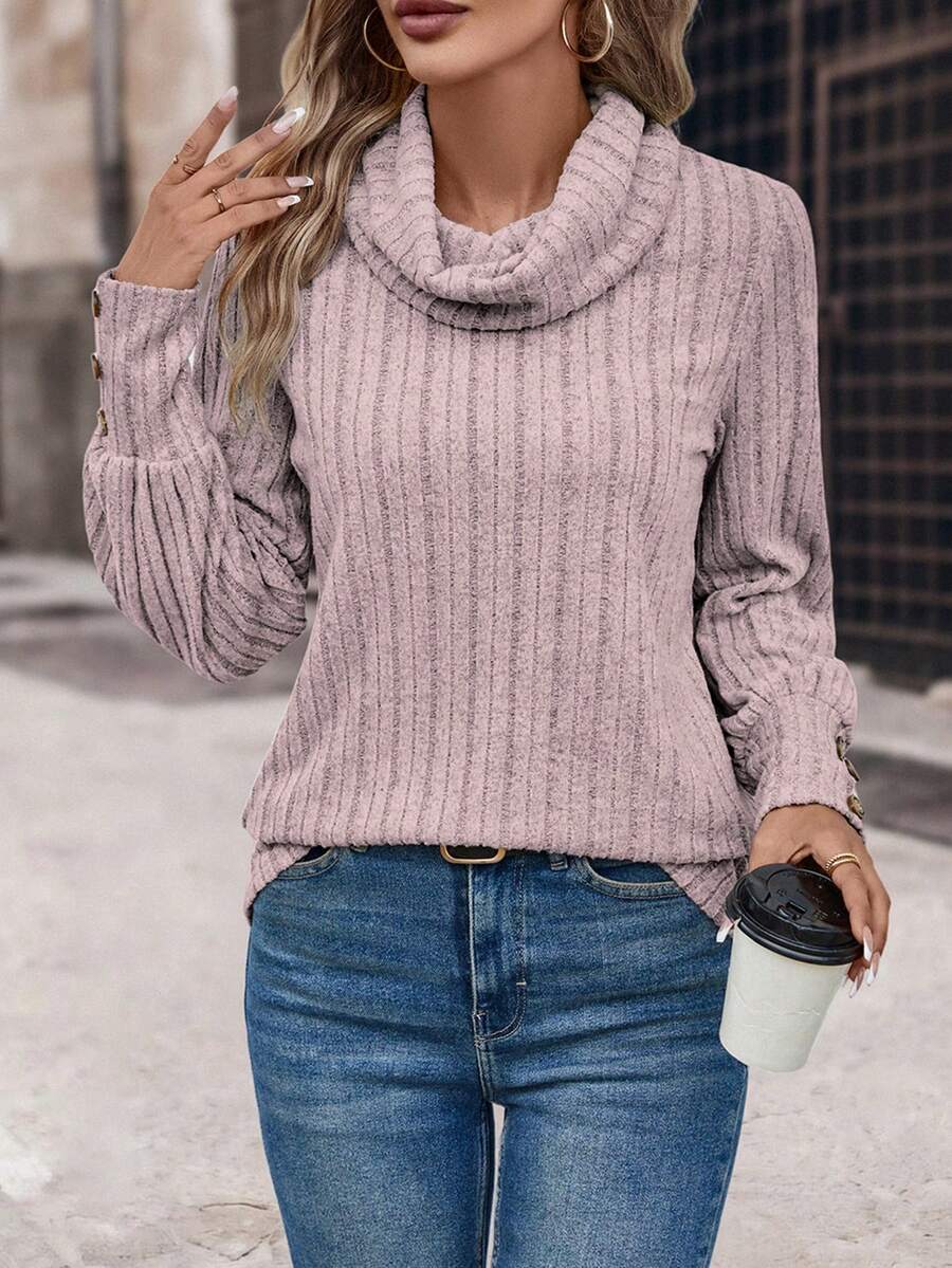 SHEIN LUNE 堆堆領條紋針織T恤 - 藕粉色 - 查看 1