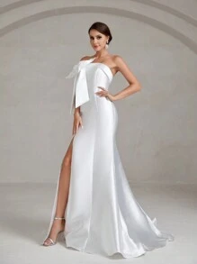 Hochzeitskleid mit einer Schulter frei, Schleife vorne, Schlitz, Satin - Weiss - Übersicht 3