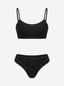 Wedaily Conjunto de lencería sólida de sujetador y panty con ribete - Negro - Ver 6