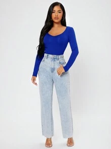 SHEIN PETITE Solid V Neck Tee - Royal Blue - View 3