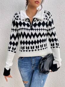 SHEIN Unity Argyle Pattern Half Zip Sweater - Black and White - View 3
