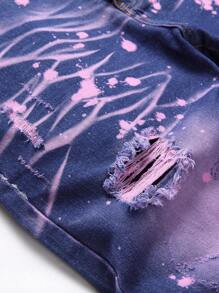 Men Splash Ink Print Ripped Frayed Bleach Wash Jeans - Purple - View 4