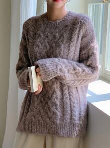 DAZY 纯色落肩麻花针织毛衣 秋冬 - 摩卡棕 - 查看 4
