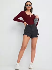 SHEIN Essnce Press Button Half Placket Ribbed Knit Tee - Burgundy - View 5