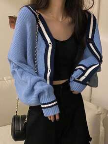 Contrast Stripe Trim Drop Shoulder Cardigan,Long Sleeve Tops - Blue - View 4