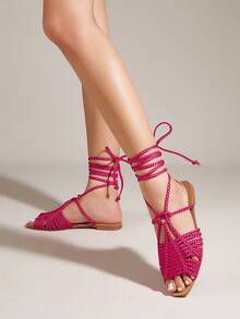 Ladies' Pink Flat Sandals, Braided Strap With Random Woven Pattern - Hot Pink - View 3