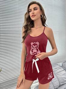 Bear Print Cami Top & Bow Front Shorts PJ Set - Burgundy - View 6
