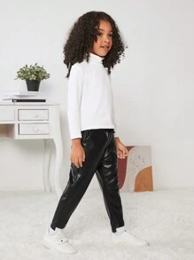 年轻女孩运动休闲纯色胡萝卜造型仿皮裤 - 黑色 - 查看 4