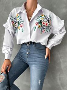 EURMUSE Floral Embroidery Ruffle Trim Drop Shoulder Shirt - White - View 5