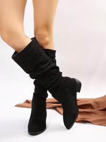 女士时尚一脚蹬褶皱过膝靴一脚蹬设计，舒适透气粗跟优雅百搭及膝靴，适合秋冬季 - 黑色 - 查看 4