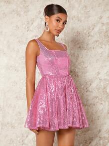 SHEIN BAE 聖誕方領亮片喇叭下擺洋裝 - 金色 - 查看 5