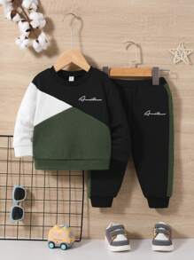 SHEIN Baby Boy Letter Graphic Colorblock Sweatshirt & Sweatpants - Black - View 1