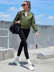 Eilly Bazar Zip Up Quilted Bomber Jacket - Army Green - View 3