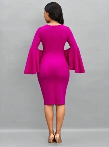 SHEIN Lady Flounce Sleeve Split Thigh Bodycon Dress - Hot Pink - View 2