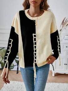 SHEIN LUNE Two Tone Lace Up Front Drop Shoulder Sweater
