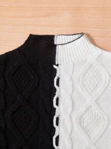 SHEIN Tween Girl Two Tone Mock Neck Drop Shoulder Sweater - Black and White - View 3