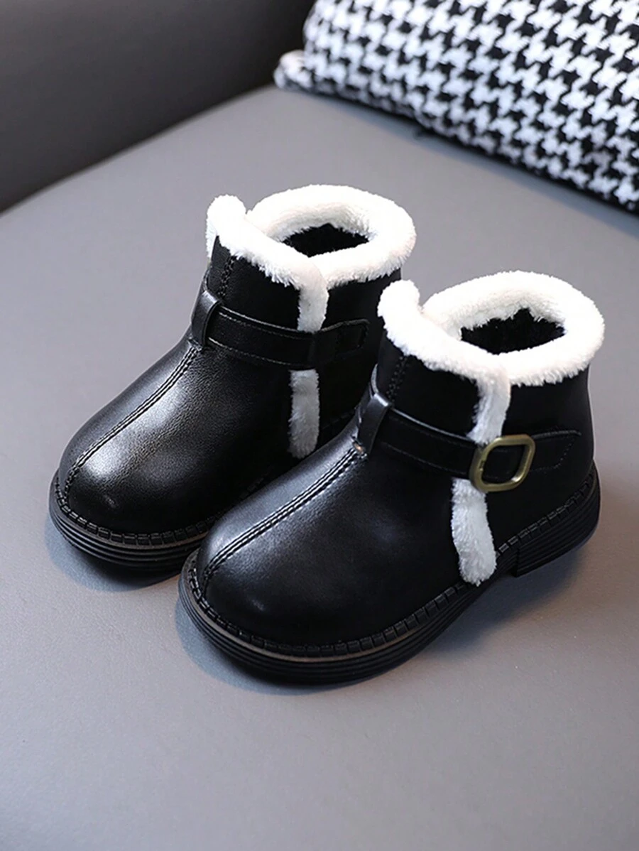 女孩的短毛絨pu皮革靴,中小童保暖靴