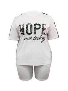 加大號字母圖形對比側縫tee和短褲 - 軍綠色 - 查看 3