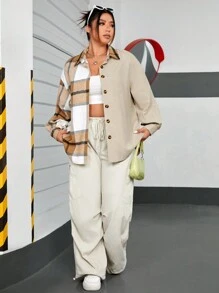 SHEIN EZwear 大碼格紋印花落肩袖外套 - 卡其色 - 查看 4