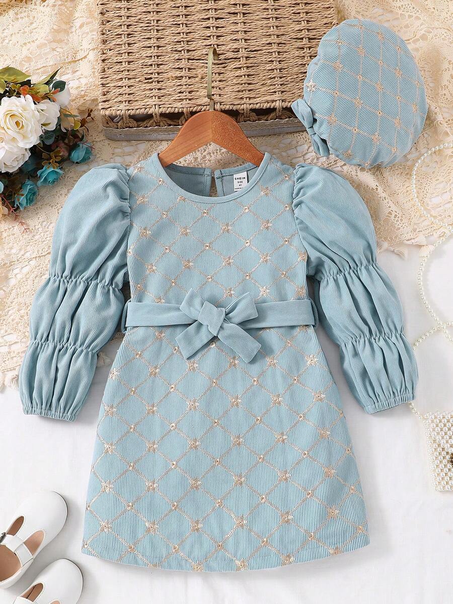 SHEIN Young Girl Embroidery Gather Sleeve Belted Dress With Hat - Grey - View 1