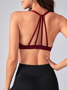 Menodora SHEIN Sport Solid Strappy Back Sports Bra - Burgundy - View 1