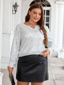 SHEIN Clasi 加缺口領口亮片襯衫 - 銀色 - 查看 3