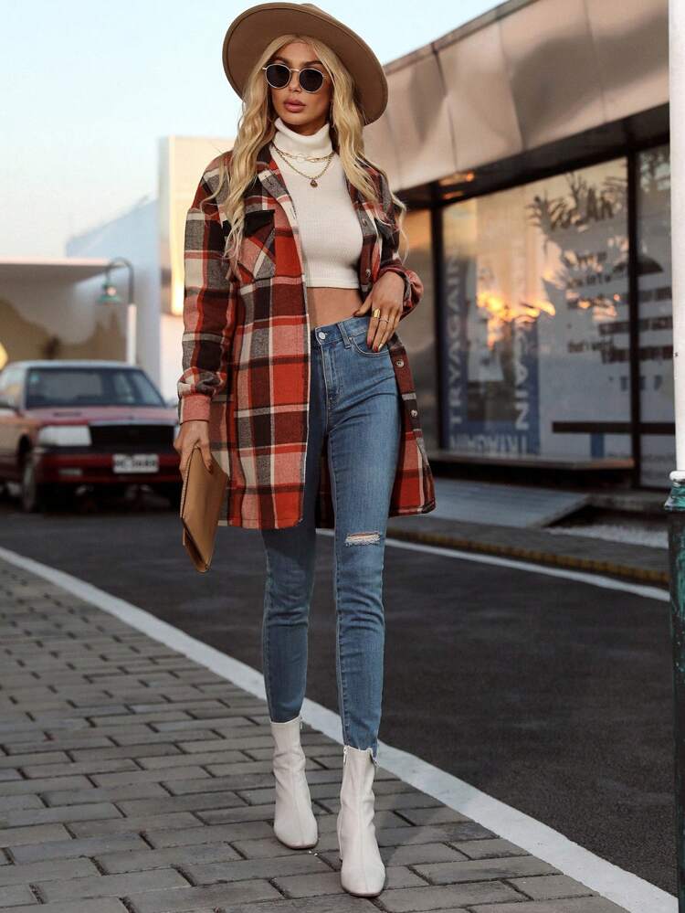 Plaid Print Drop Shoulder Flap Pocket Overcoat Fall Cloth For Women
