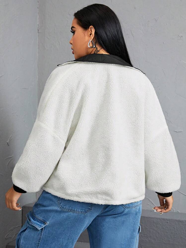 Plus Drawstring Hem Contrast Collar Teddy Jacket