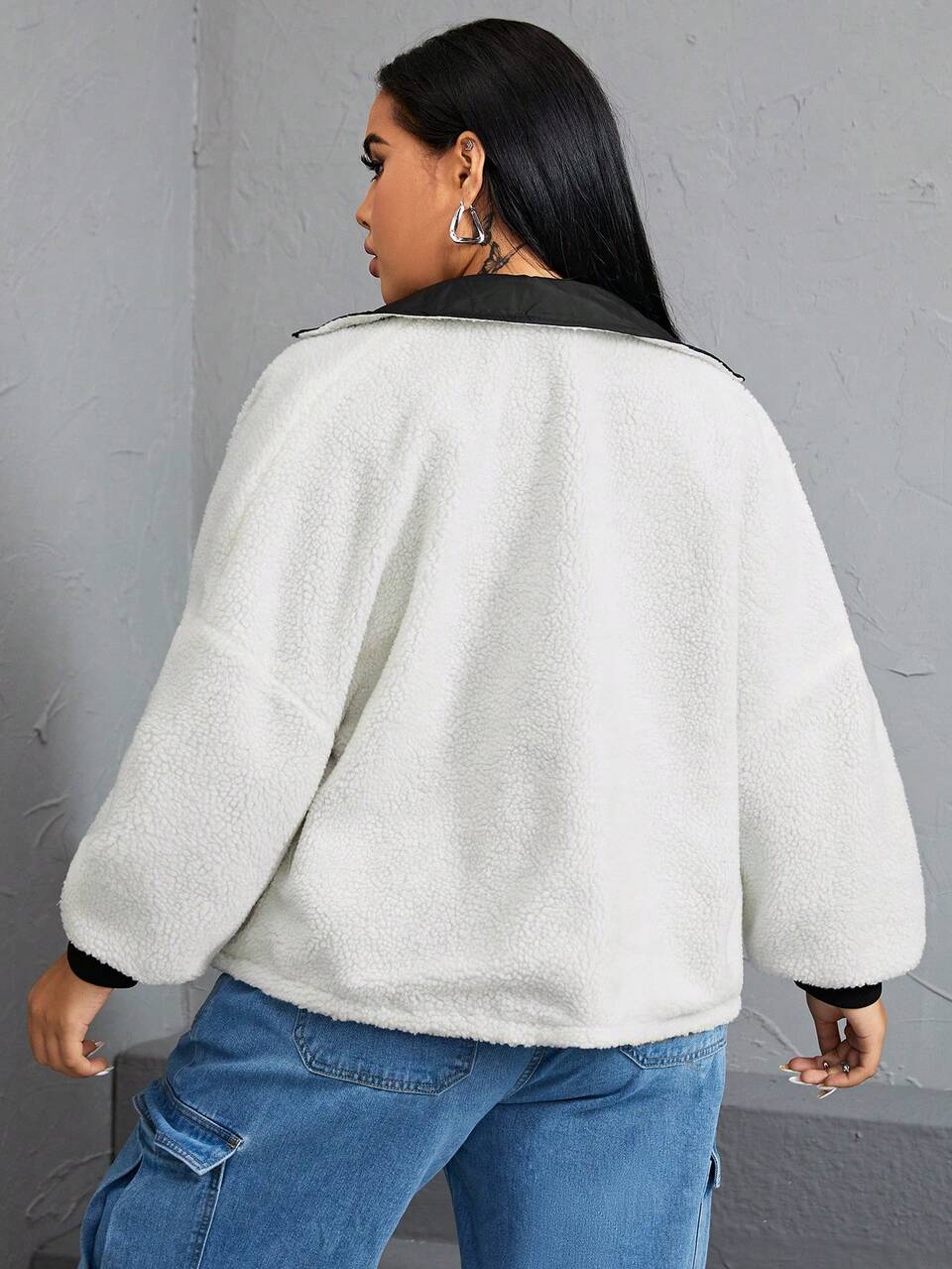 Plus Drawstring Hem Contrast Collar Teddy Jacket