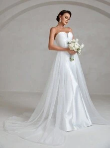 Floor Length Mesh Tube Wedding Dress - White - View 1