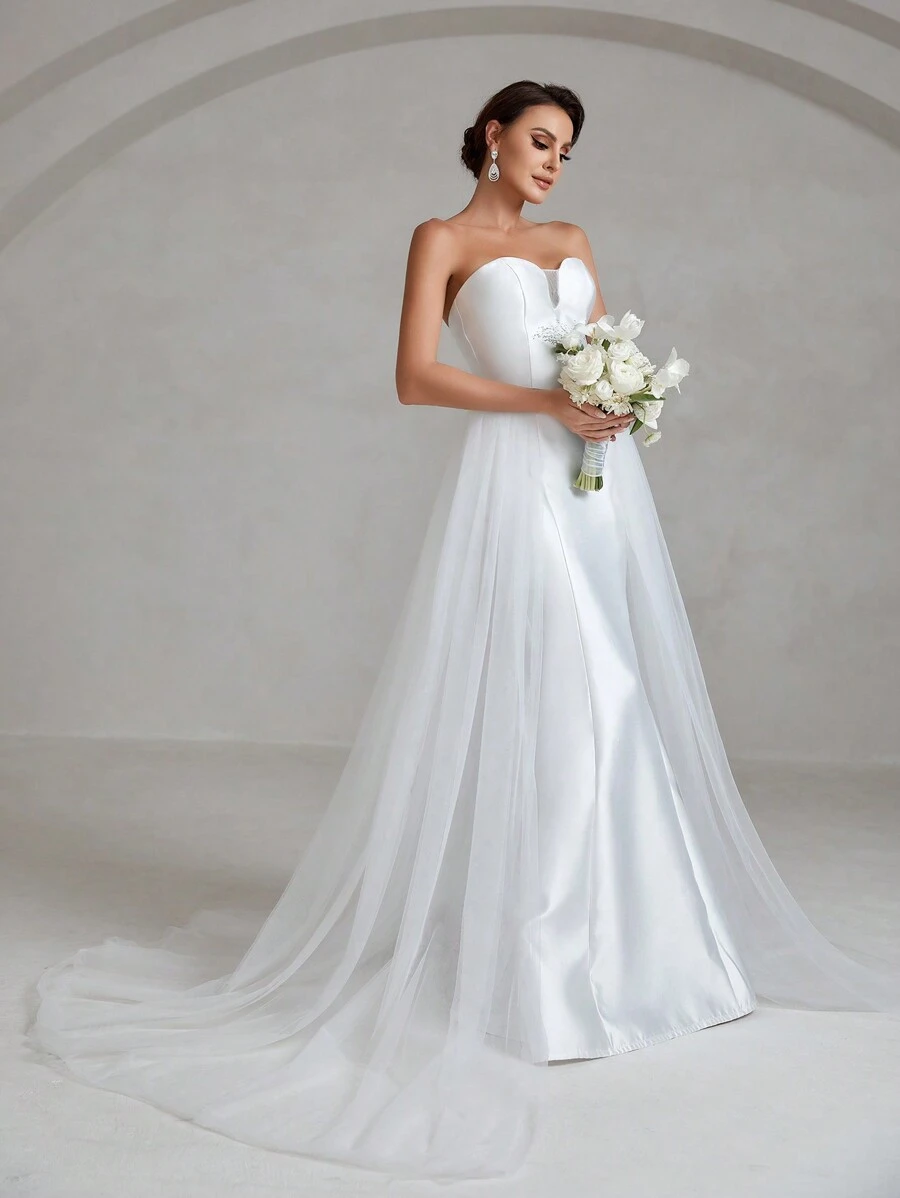 Floor Length Mesh Tube Wedding Dress - White - View 1