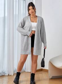 SHEIN EZwear Plus Size Pointelle Knit Drop Shoulder Cardigan - Light Grey - View 4