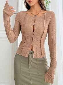 SHEIN EZwear Cắt ra Viền chia cắt Áo phông Crop - Màu Khaki - Xem 1