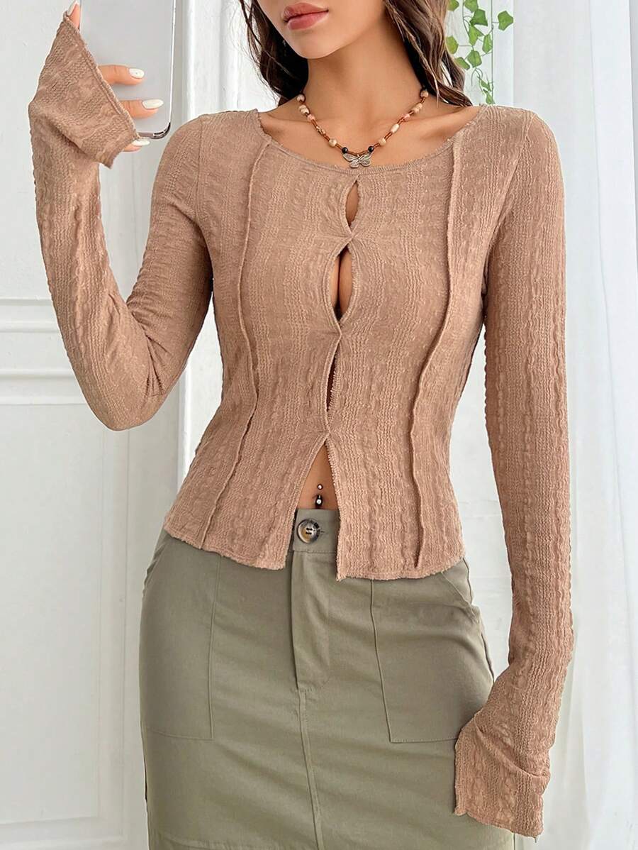 SHEIN EZwear Cắt ra Viền chia cắt Áo phông Crop - Màu Khaki - Xem 1