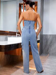 Lace Up Side Flap Pocket Denim Tube Jumpsuit - Blue - View 2