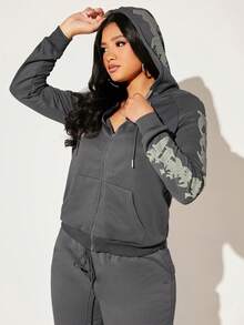 SHEIN SXY 字母圖案拉鍊抽繩連帽衫 - 淺灰色 - 查看 6