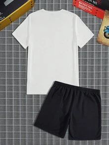 Manfinity Homme 男士字母圖案T恤&腰部抽繩短褲 - 彩色 - 查看 2